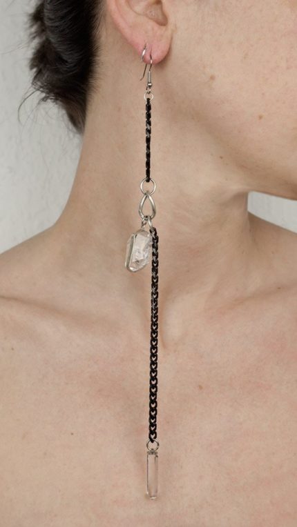 Single Ohrring Faden schwarz Bergkristall